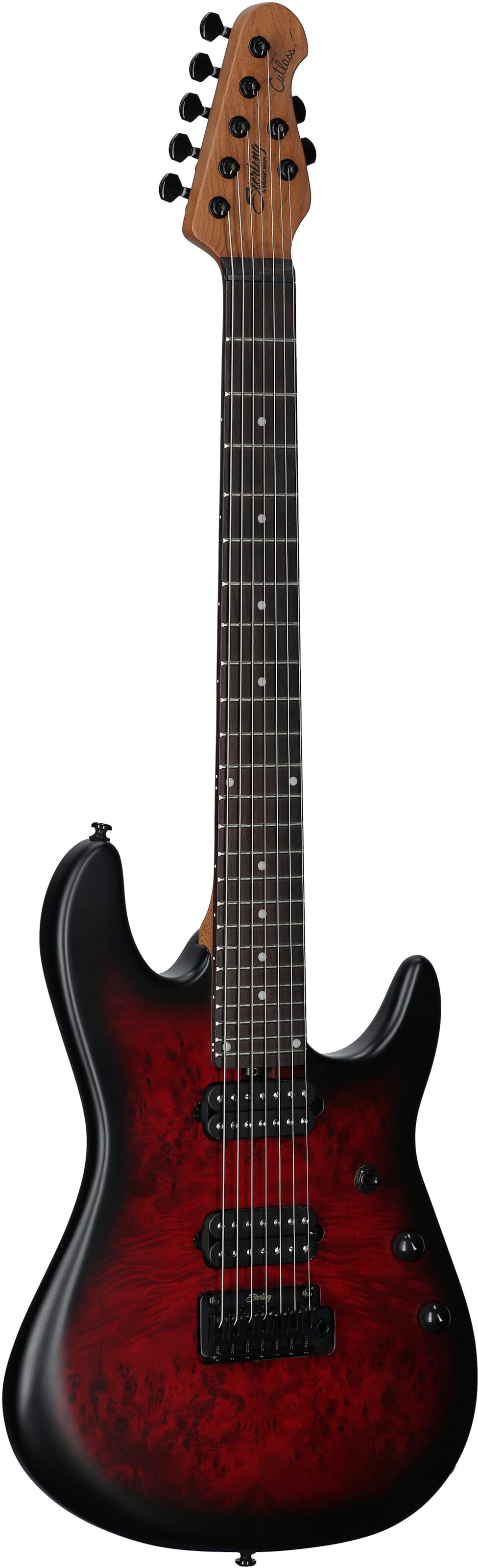 Sterling by Music Man Jason Richardson 7 Cutlass Electric Guitar, 7-String, Dark Scarlet Burst, Body Left Front