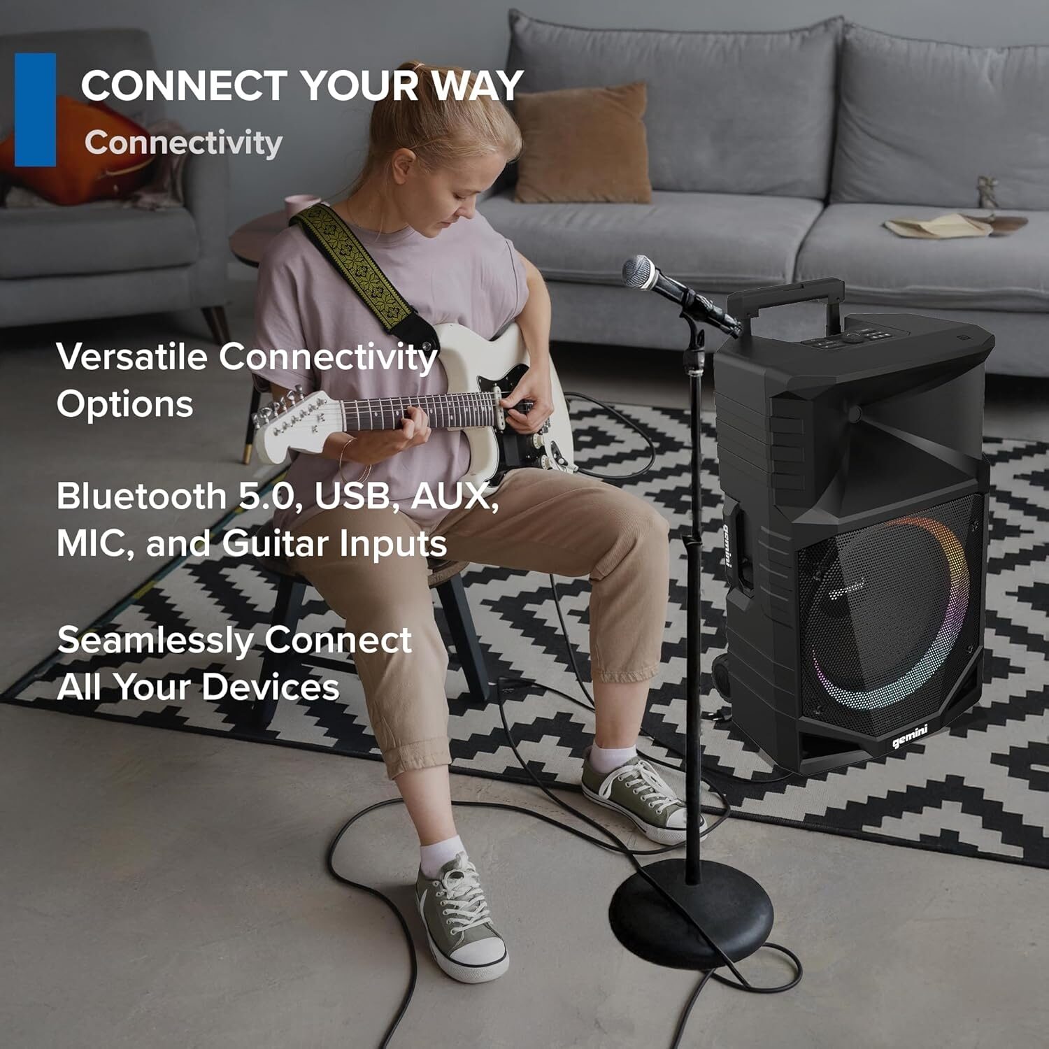 Gemini GXP-T1500 Portable Battery-Powered Bluetooth PA Speaker, New, Action Position Back