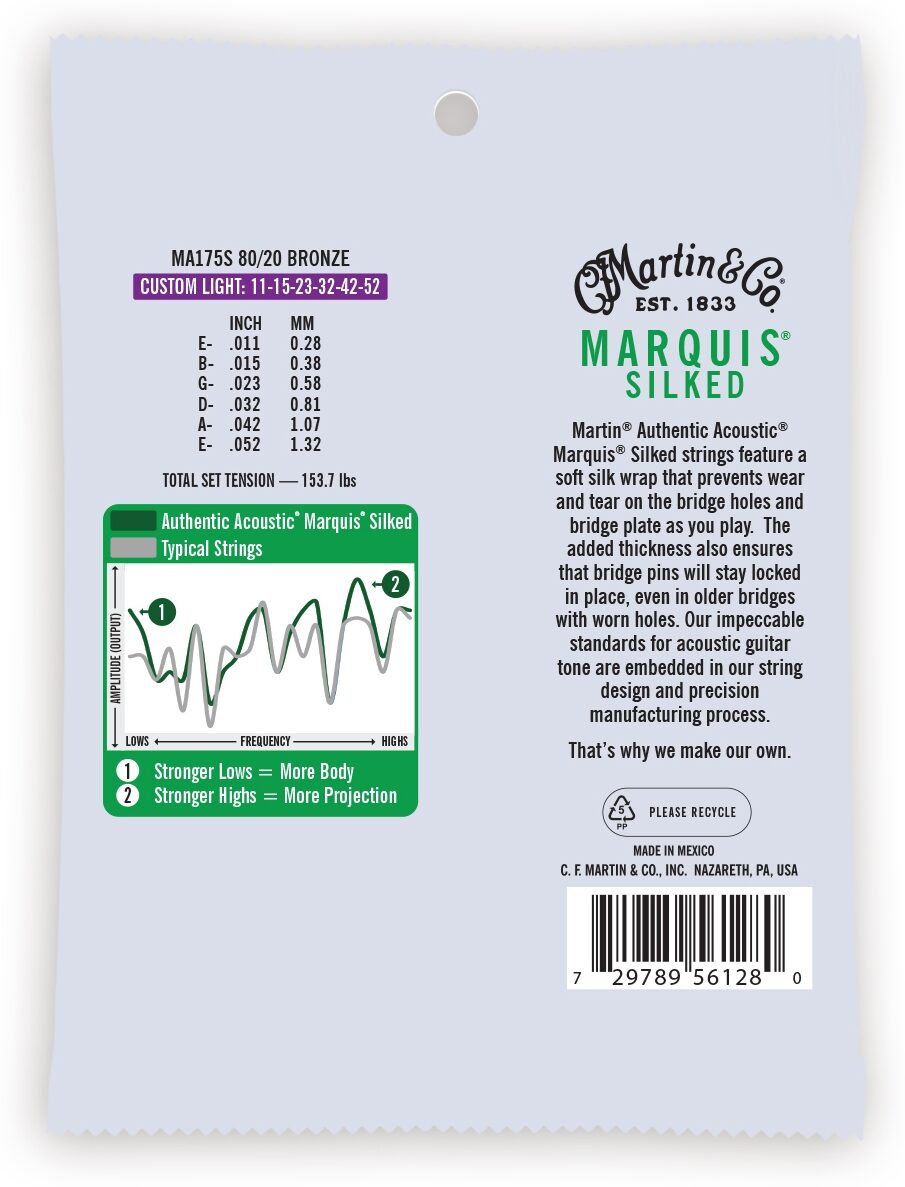 Martin Authentic Marquis Silked 80/20 Bronze Acoustic Guitar Strings, Custom Light, MA175S, Action Position Back