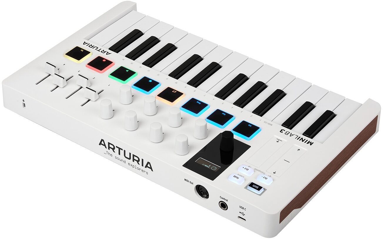 Arturia MiniLab 3 USB MIDI Keyboard Controller, White, Angle