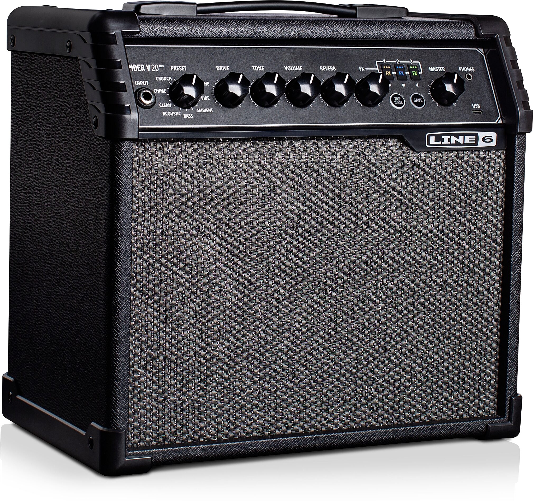 Line 6 Spider V 20 MkII Guitar Combo Amplifier (20 Watts, 1x8"), New, Angled Side